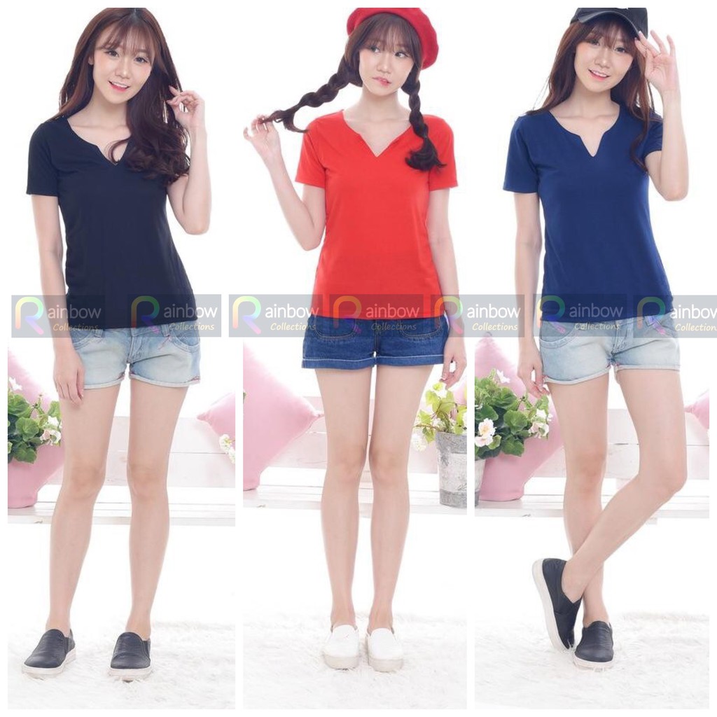 RAINBOW - KAOS WANITA KERAH OV / OV-NECK POLOS SPANDEX