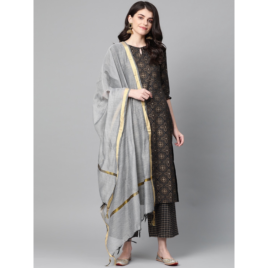 Setelan Kurti Indo Era Size M Women Black & Golden Foil Print Kurti with Palazzos & Dupatta / Baju K