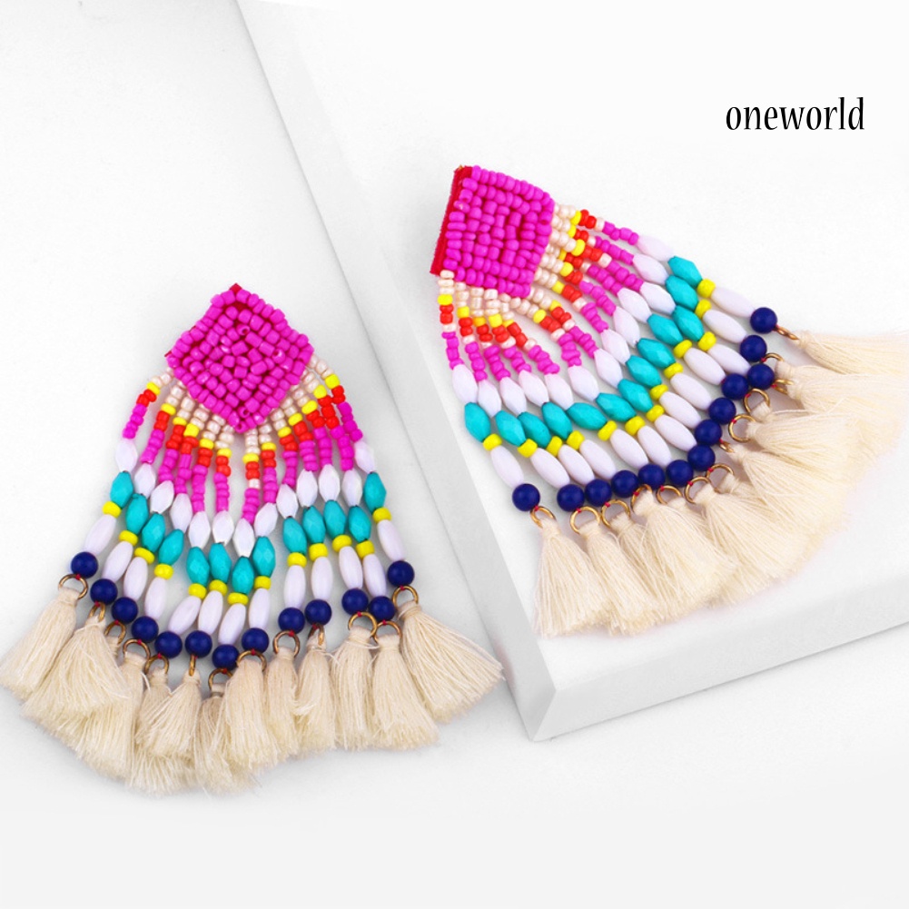 OW# Bohemian Women Beads Tassel Dangle Long Ear Stud Earrings Statement Jewelry Gift