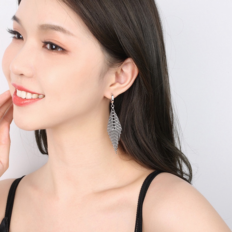 Anting Gantung Panjang Tusuk Lapis Silver Sterling 925 Aksen Rumbai Untuk Perhiasan Wanita