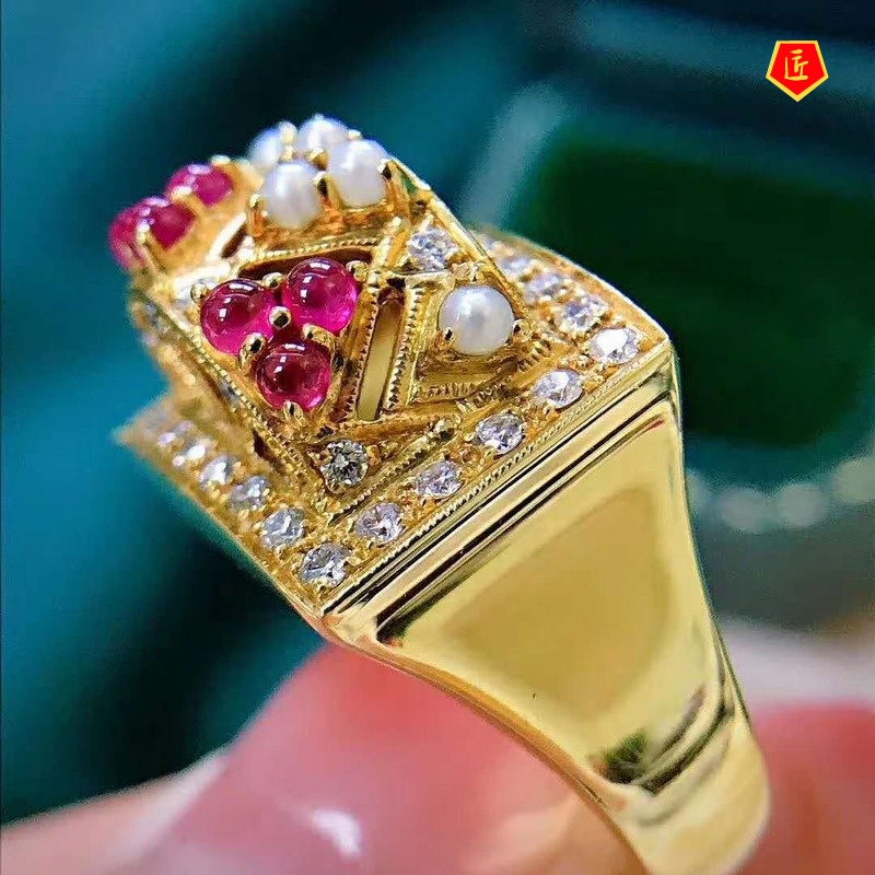 [Ready Stock]Luxury Pearl Micro-Inlaid Full Diamond Ring 18K Gold