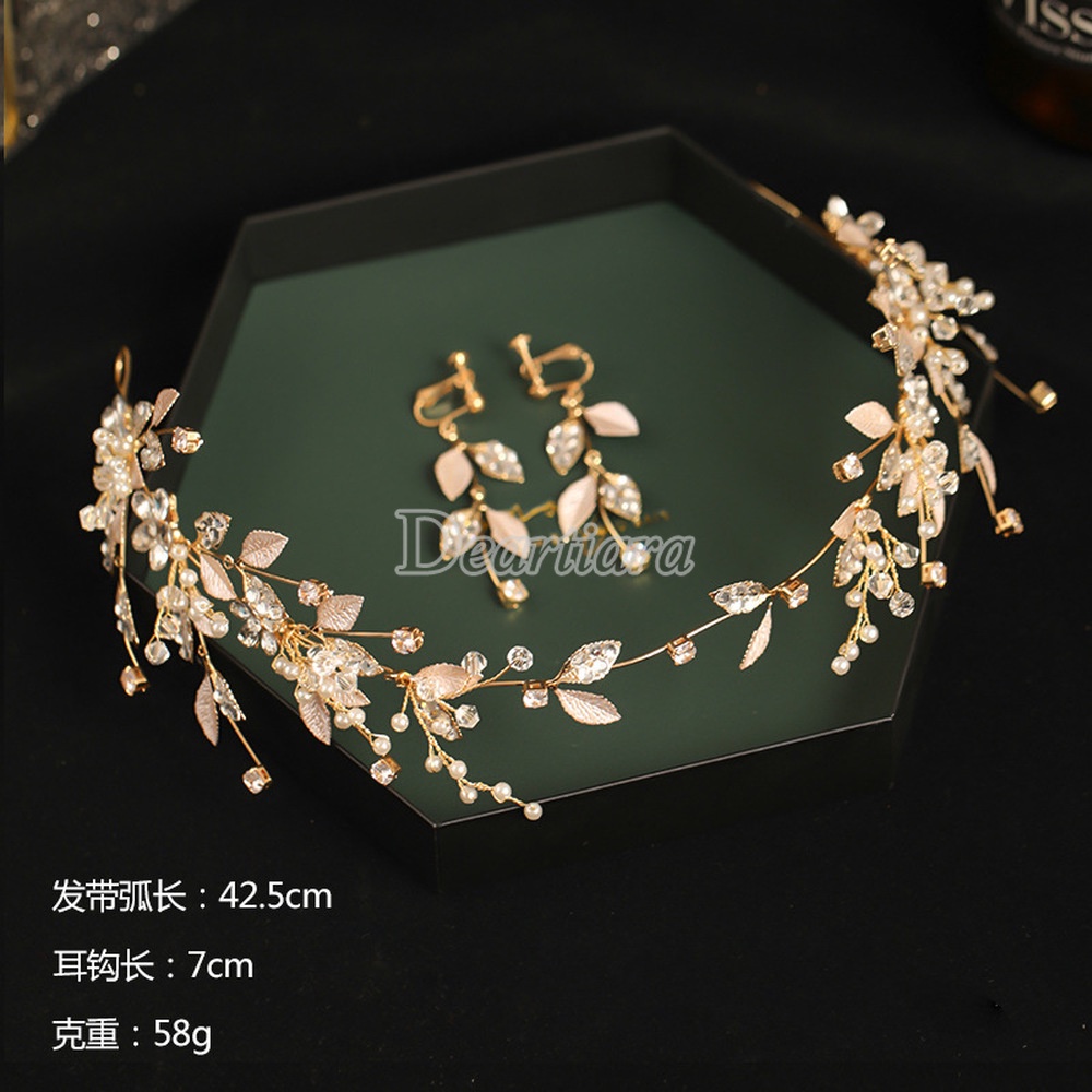 Original Bridal Headgear European and American Leaf Crystal Headband Earrings Set