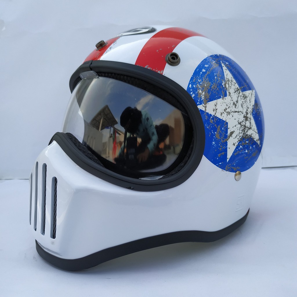 Helm Cakil HBC Captain America White + Inner Visor ( Fullface / Retro / Klasik / Vespa )