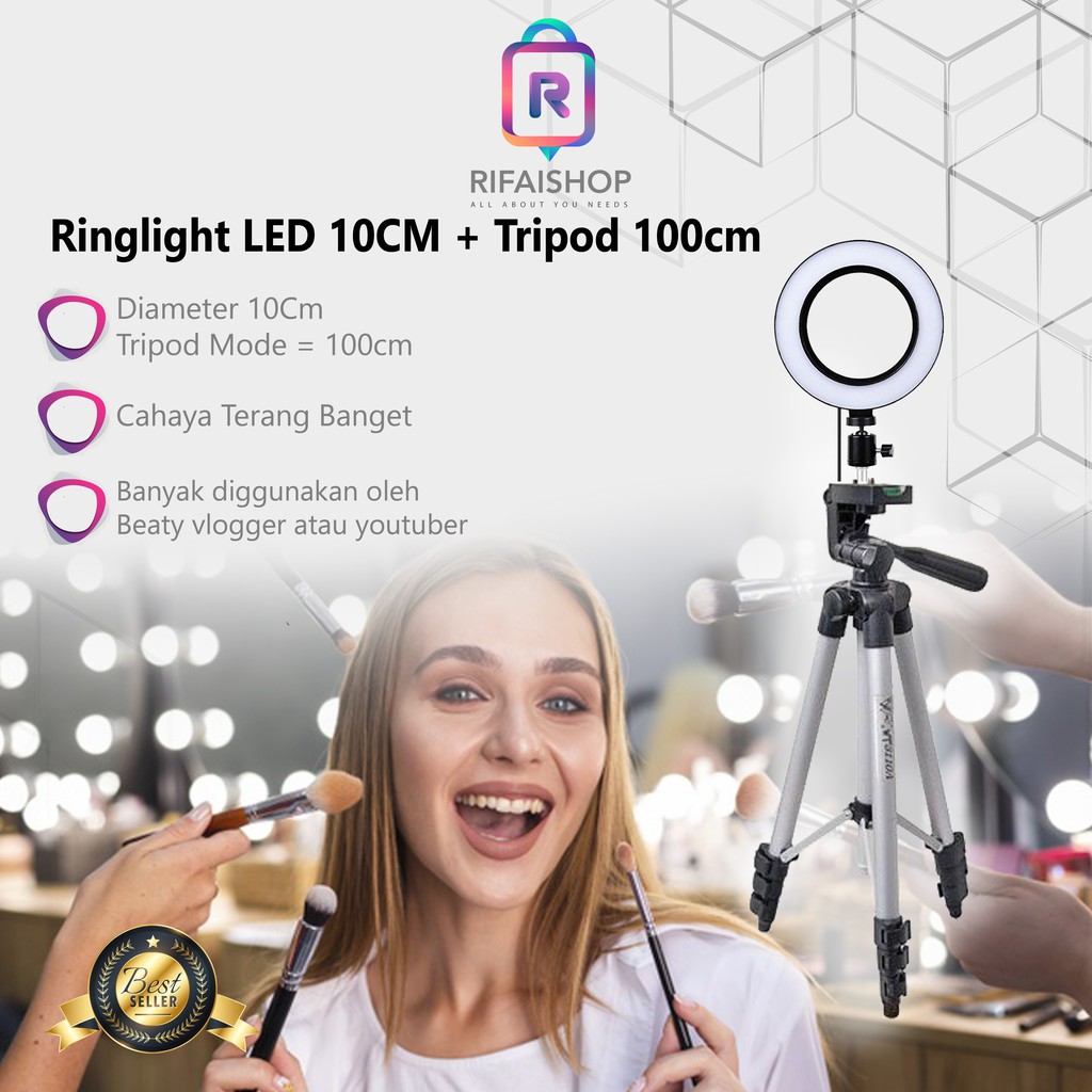 Ring Light LED 10cm + Tripod 100cm Selfie Vlogging,Makeup ringlight