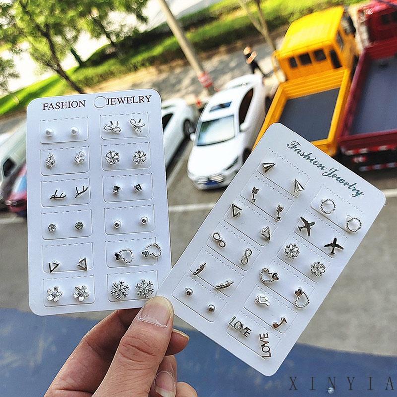 12 Pasang / Set Anting Tusuk / Stud Model Campur Bahan Silver Untuk Wanita