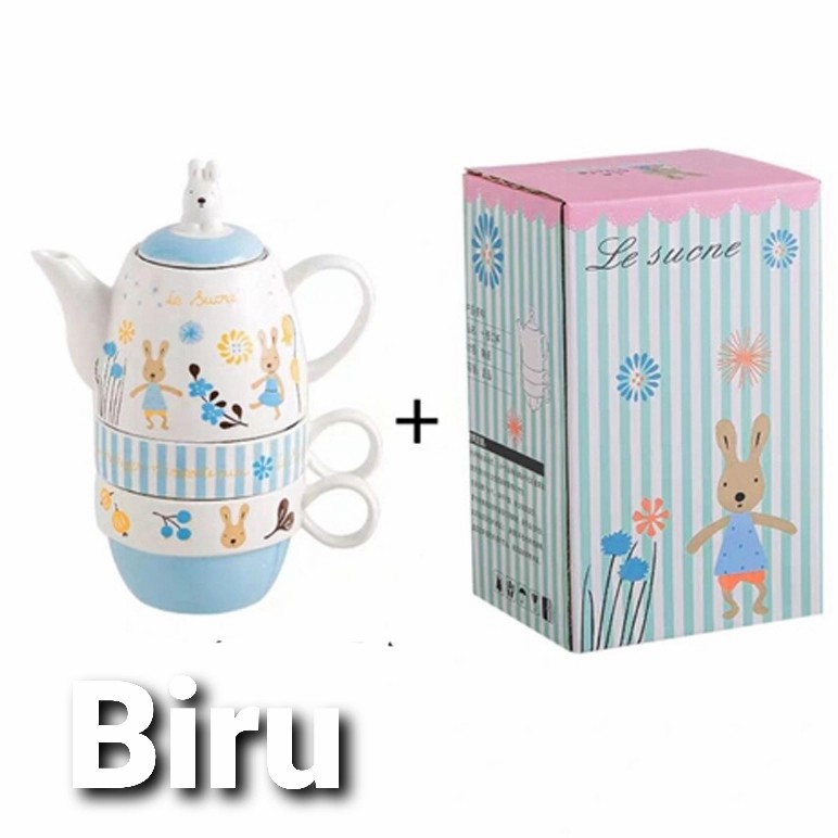 Gelas Teko + 2 Mug Set Rabbit Tea Set Keramik Kado Ultah Gift Premium