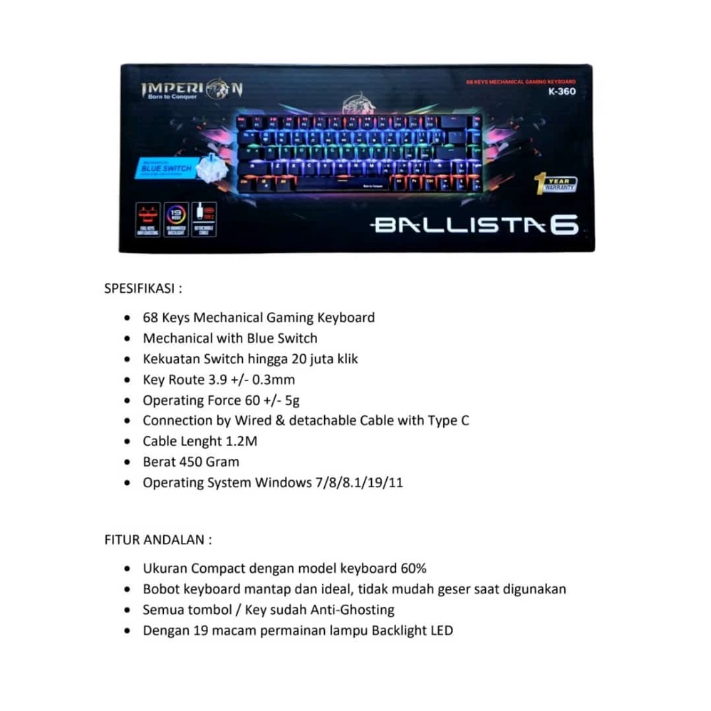 imperion Ballista 6 k-360 MINI MECHANICAL KEYBOARD blue switch