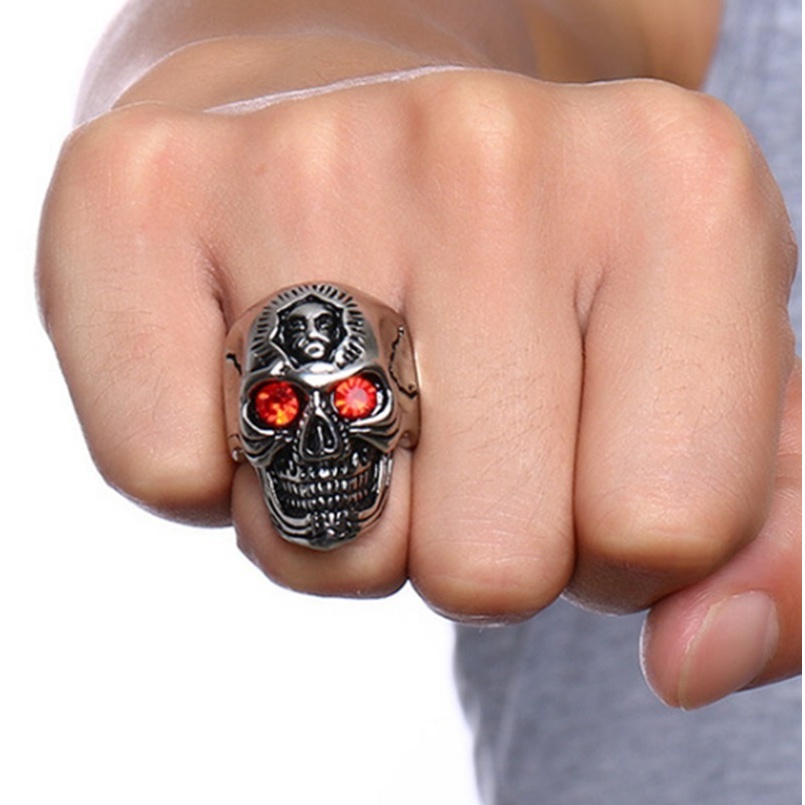 Cincin Desain Tengkorak Bunga Bahan Stainless Steel Gaya Gothic Rock Punk Antik Untuk Pria