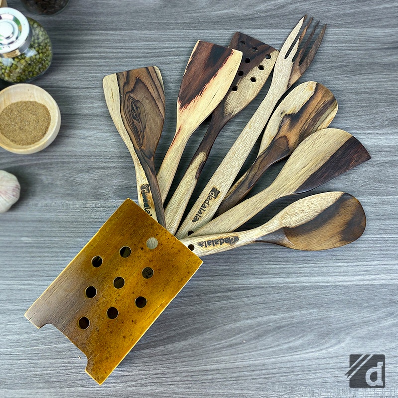 DADALALA Spatula Kayu 1 Set isi 7 Bahan Kayu Sonokeling + Wadah Serbaguna Premium