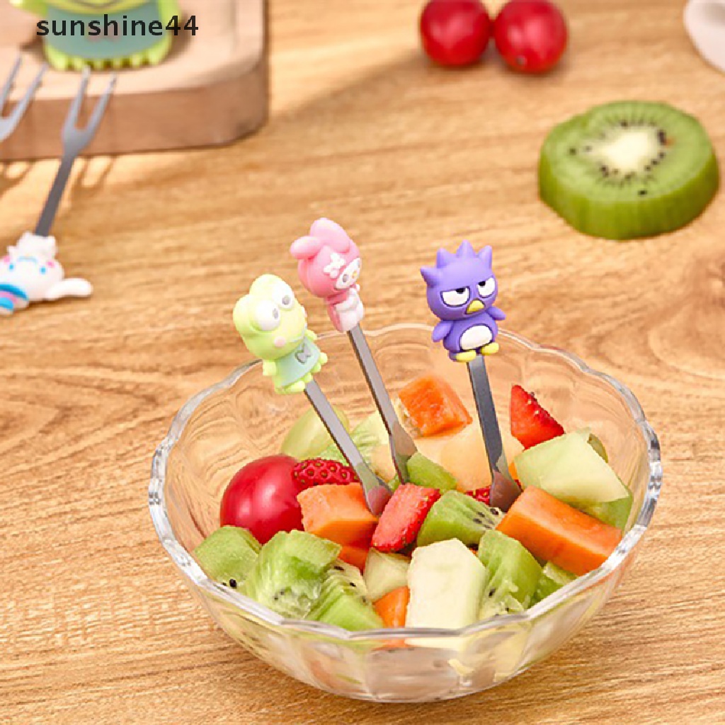 Sunshine 5Pcs / Set Garpu Buah / Dessert Desain Kartun Lucu Bahan Stainless Steel Dengan Holder