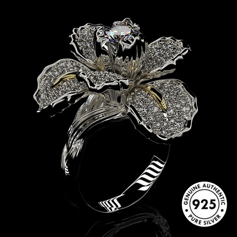 Cincin Sterling Silver 925 Desain Bunga Hias Berlian Imitasi Elegan Untuk Wanita