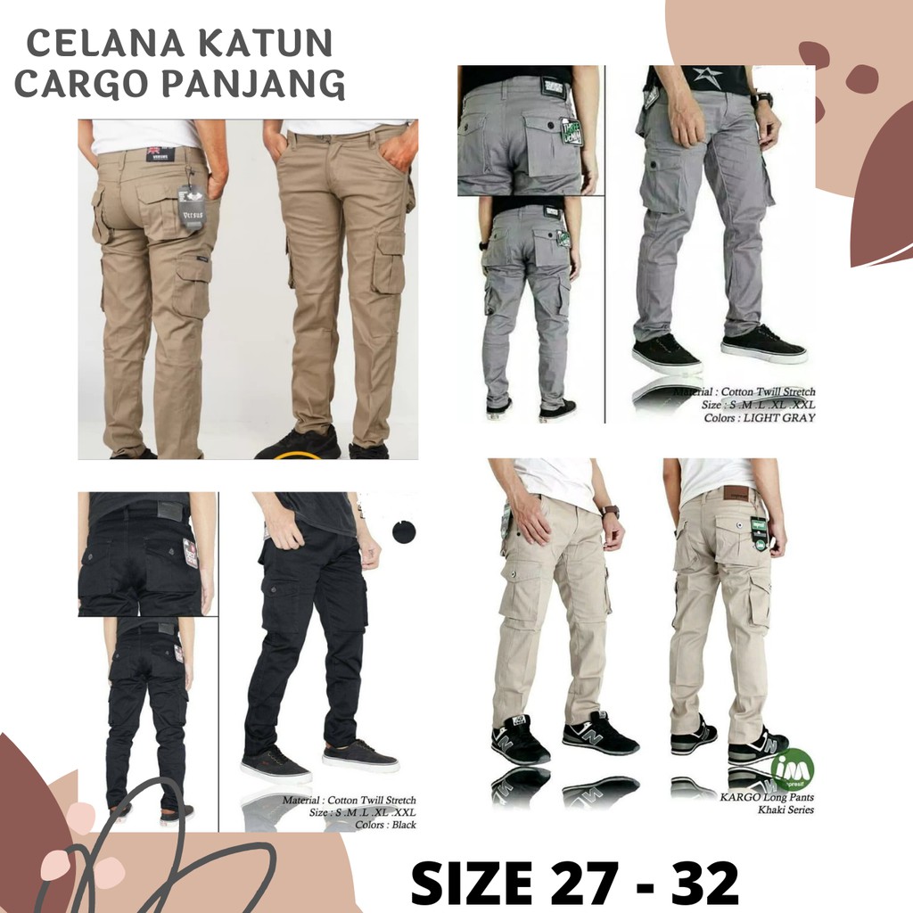 CELANA PRIA KATUN CARGO PANJANG WARNA HITAM, CREAM, ABU, MOCCA