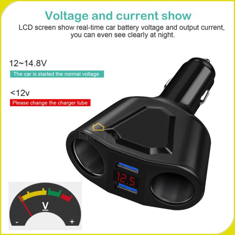 Car Charger Voltage Monitor 2 Port 3.1 A with 2 Cigarette Socket 120 W Olaf Black