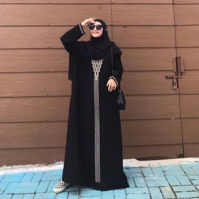Jual Abaya Gamis Jubah Saudi Hitam Casual Bordir Piramid Kain Saudi Hitam
