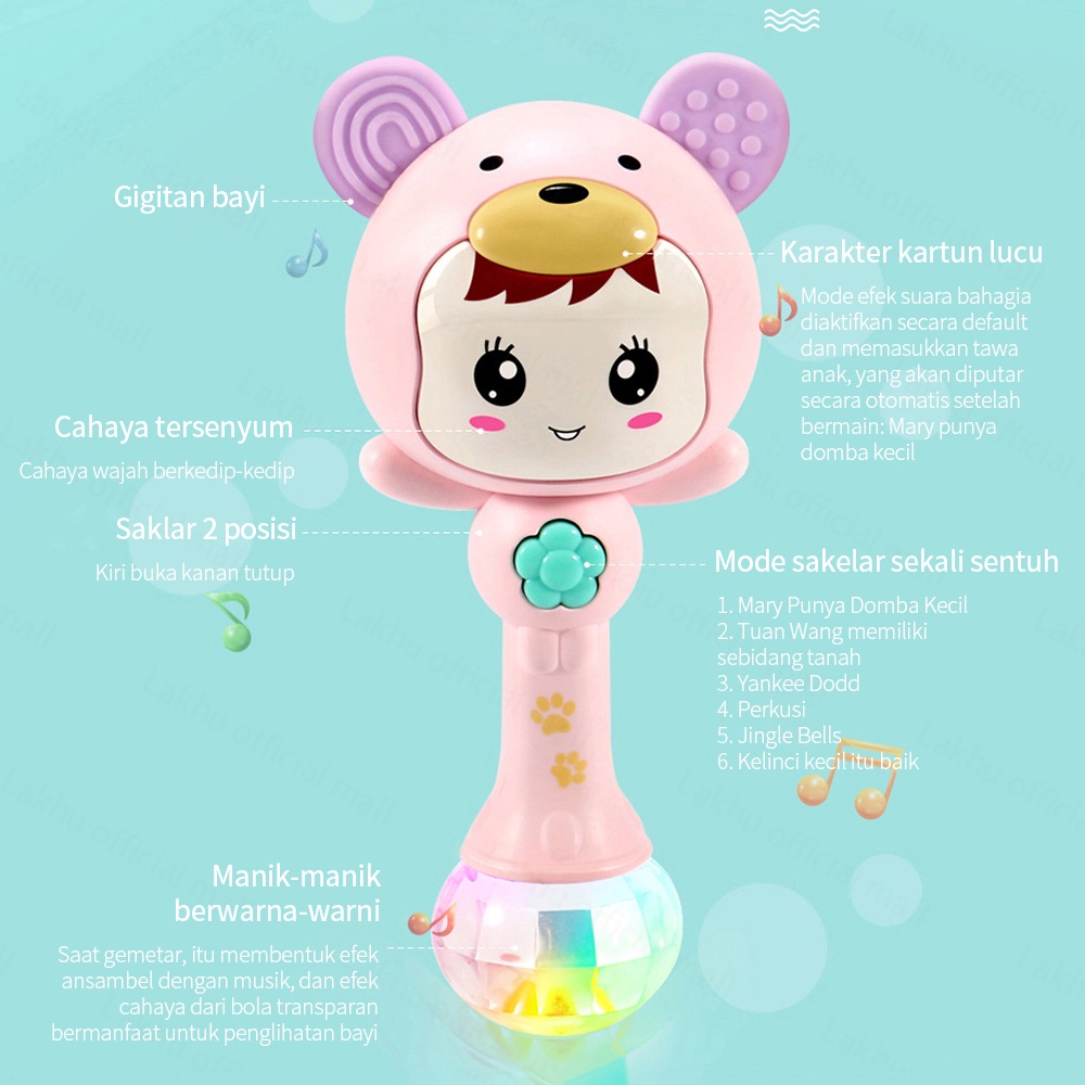 Lakhu mainan rattle bayi/Mainan Bayi Tongkat Rattle + Teether+ Musik + Lampu Kelap Kelip