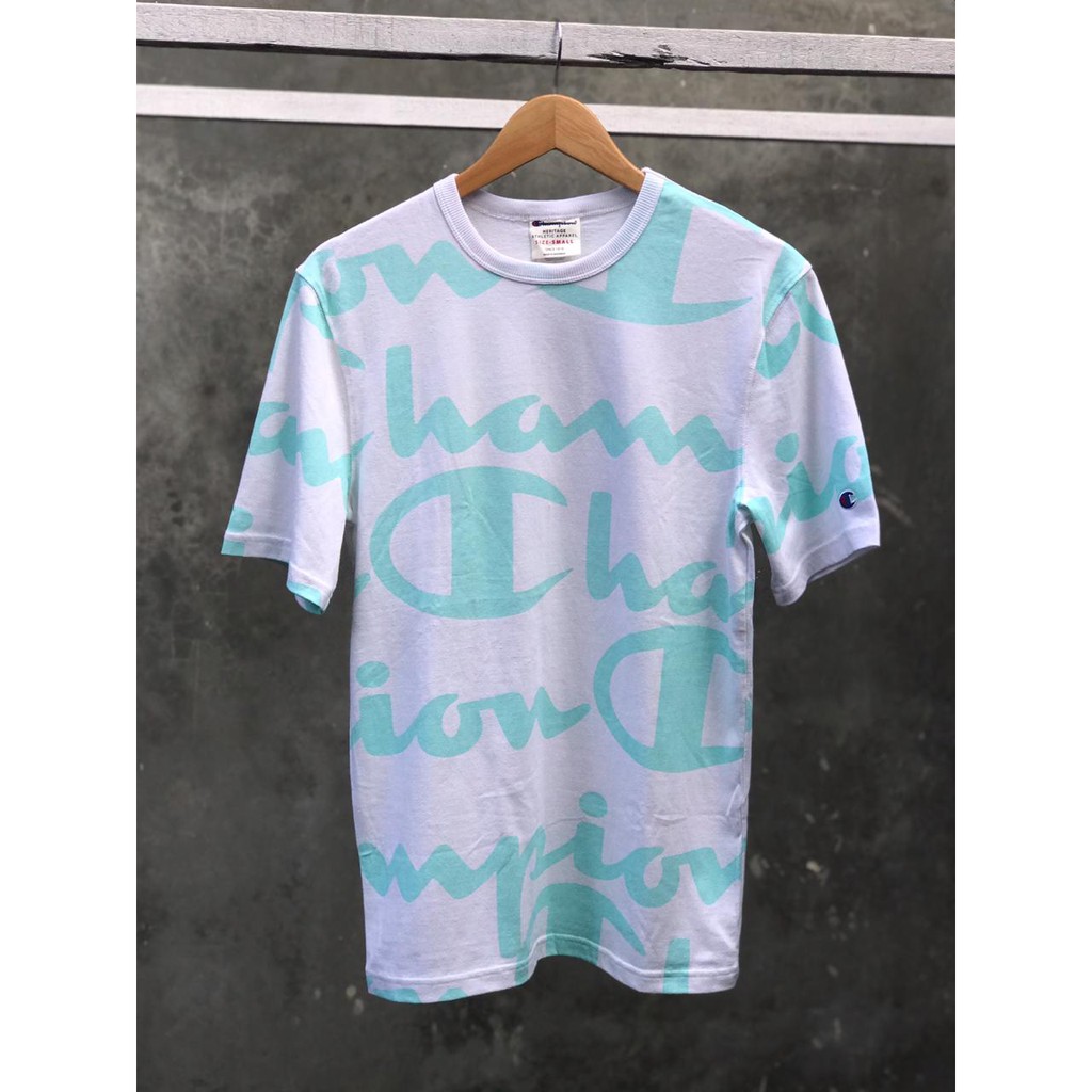 Tshirt Champion USA Heritage Life Tee Big Script Logo Fullprint Cyan