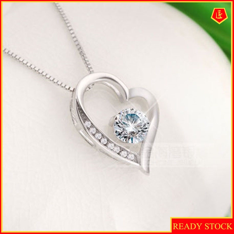 [Ready Stock]Fashion Simple Silver-Plated Necklace with Diamond Heart-Shaped Pendant