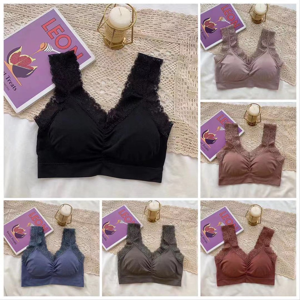 [COD] Bra Wanita Sports Bra V-Neck Aksen Hem Lace dengan Pad Busa untuk Yoga / Tidur