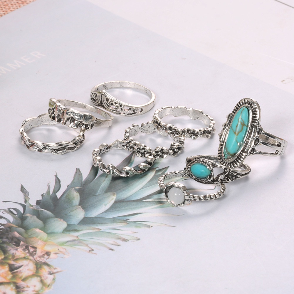 Hu Hu Hu Hu Hu Alat Bantu Pasang Kacamata♡ 9 Pcs / Set Cincin Jari Gaya Retro Bohemian Aksen Turquoise Imitasi Untuk Wanita