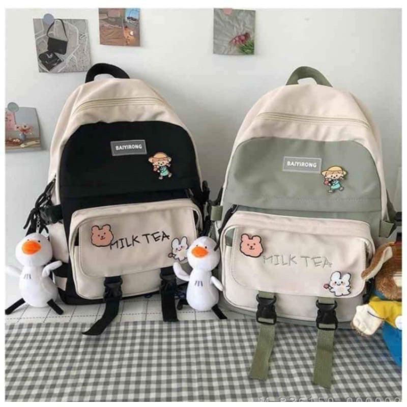 Tas Ransel Wanita Korea School MILK TEA PIN Backpack Perempuan Stylish Fashion K-POP Omo Omo Kiyowok