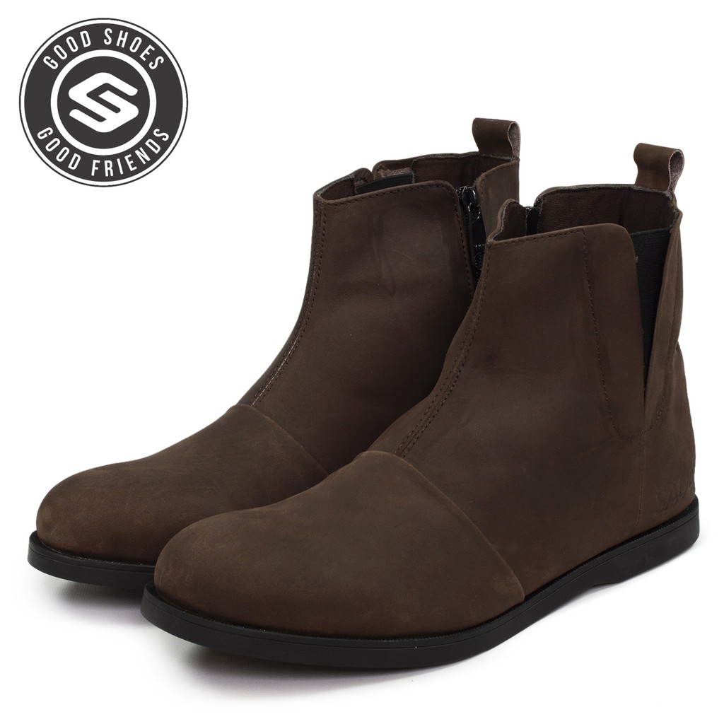 Sauqi Footwear - Lucido Brown Sepatu Boots Pria Zipper Elastic Kulit Asli Sleting !!