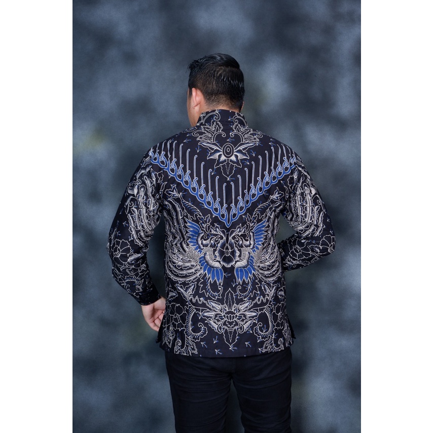Baju Batik Pria Lengan Panjang Modern / Kemeja Batik Pria Lengan Panjang Modern Kasual Jumbo SIPAR BIRU 46