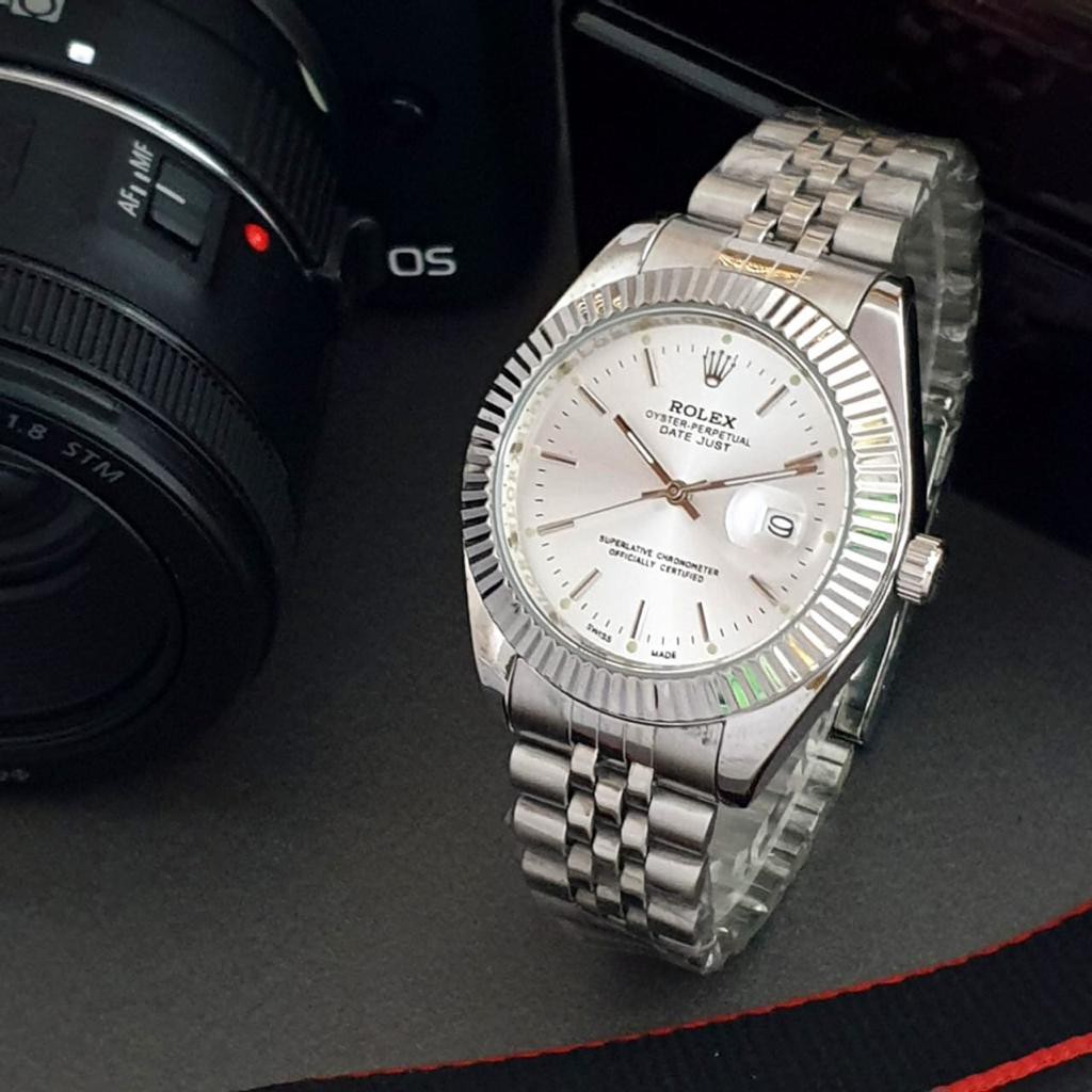 jam tangan fashion ROLEX oyester rantai unisex tanggal aktif silver-hitam