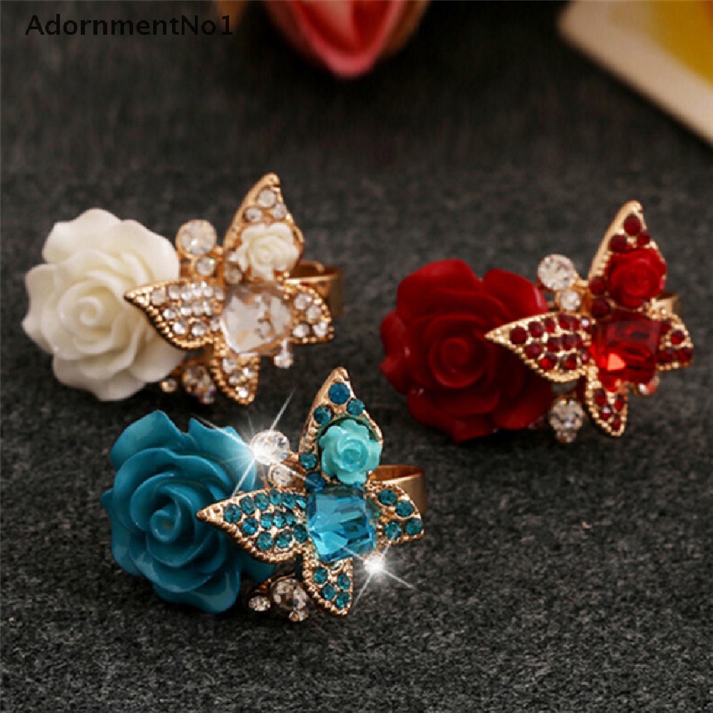 (AdornmentNo1) Cincin Tunangan Adjustable Motif Bunga Mawar + Kupu-Kupu Aksen Kristal + Berlian Imitasi Untuk Wanita