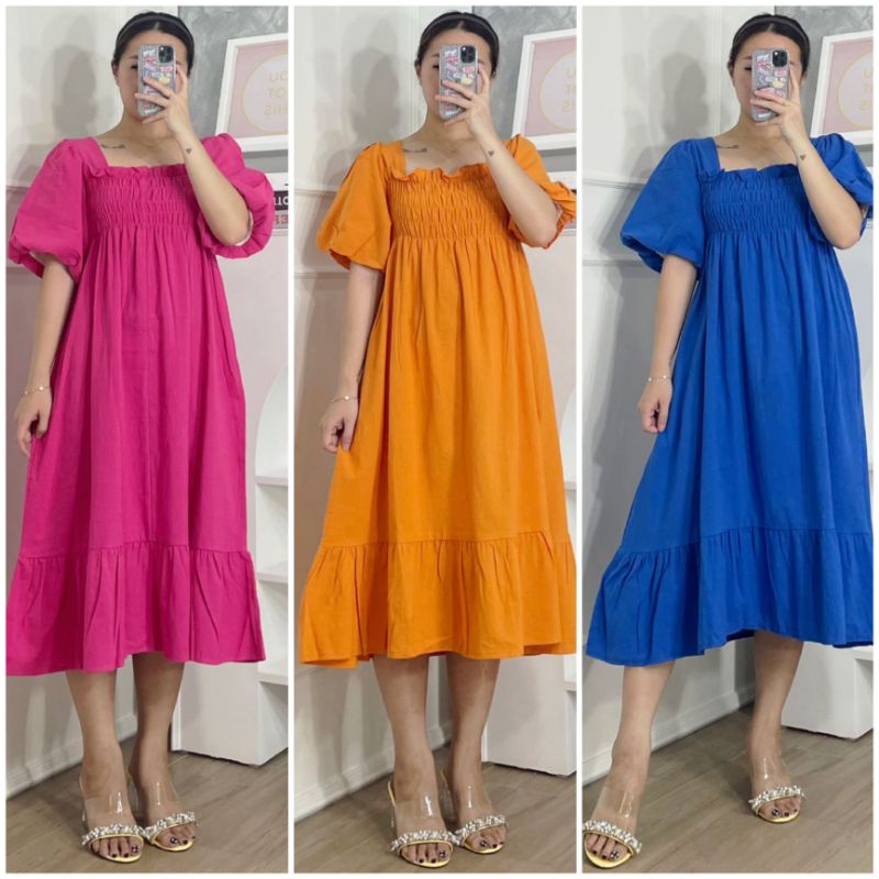♡ PREMIUM ♡ ORIGINAL ! LEVINA PUFFY SMOCKED BABYDOLL BACK TIED MIDI DRESS  ( BUMIL FRIENDLY )