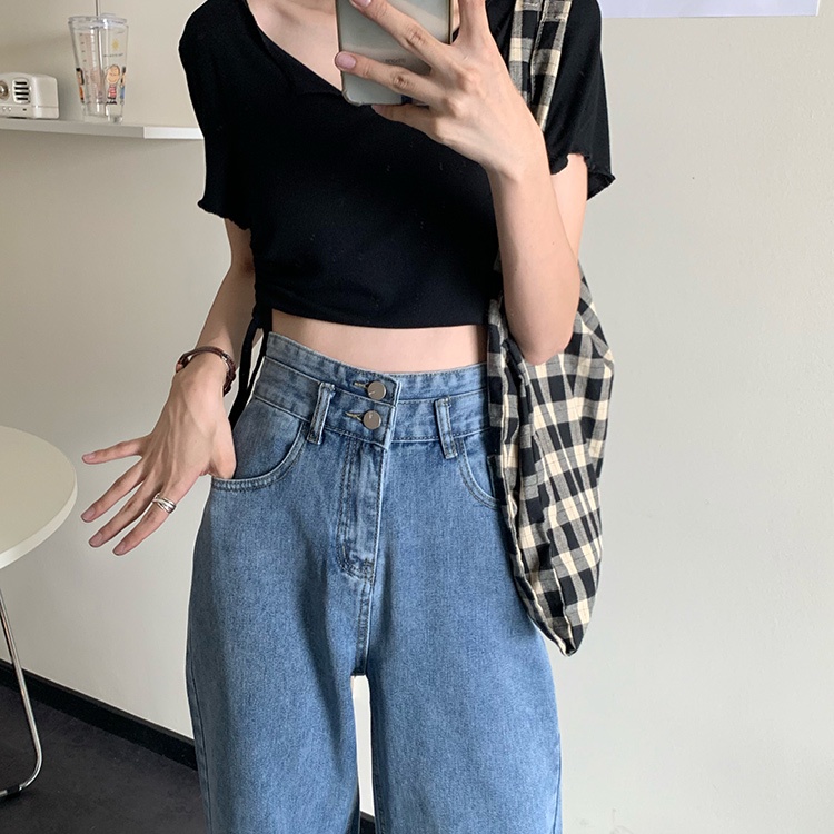 Fashion wanita Korea celana denim high waist jeans celana panjang straight pants loose celana jeans wanita