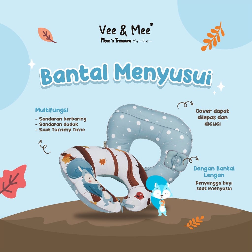 Vee &amp; Mee Nursing Pillow Bantal Menyusui Anti Bakteri + Free Bantal Lengan Squirrel Series  - VMB 2030