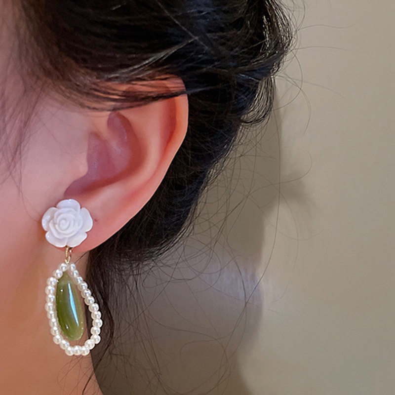 Anting Tusuk Gantung Bahan Sterling Silver 925 Desain Bunga Hias Opal Hijaumutiara Gaya Retroelegan Untuk Wanita