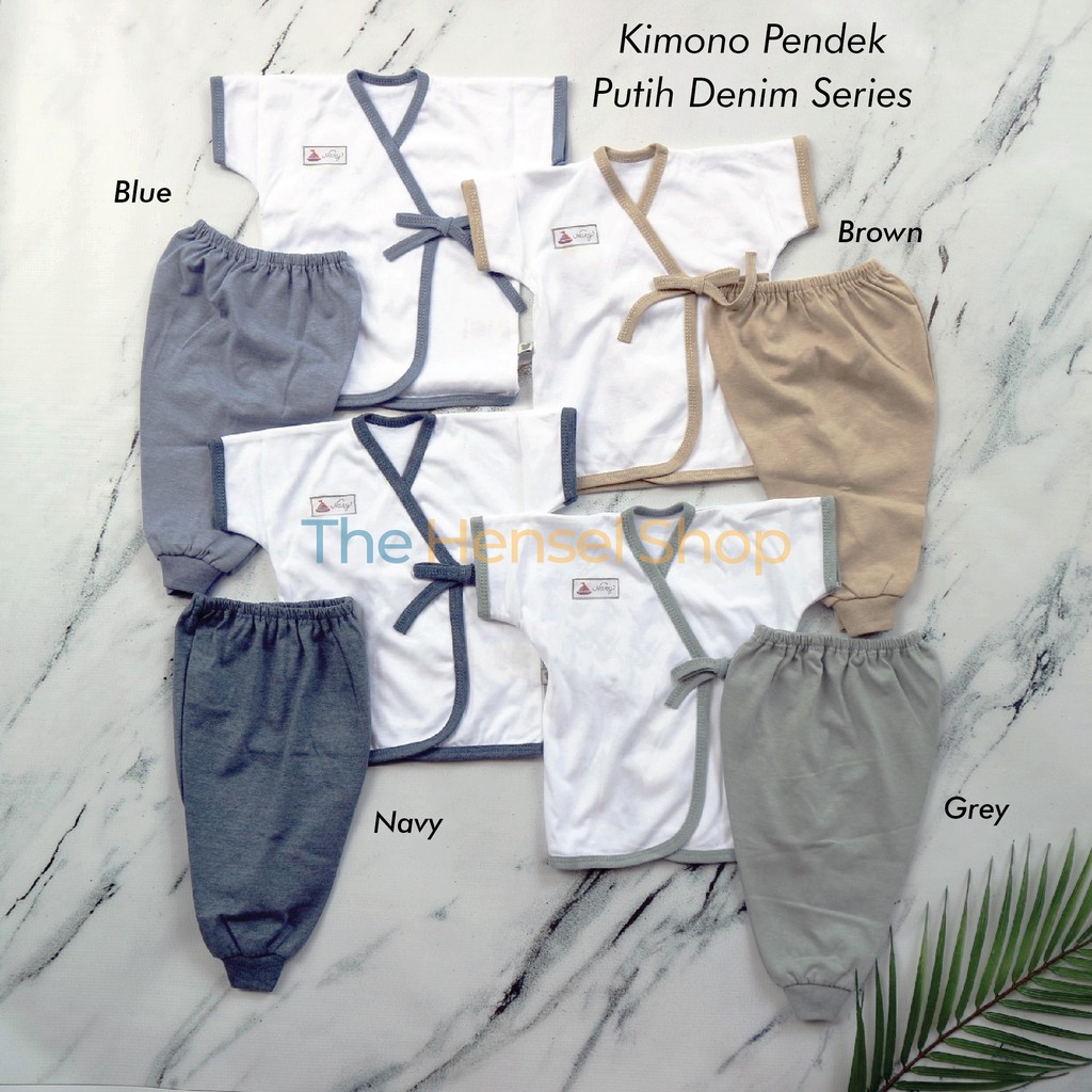 NARY Setelan Baju Bayi Kimono Pendek & Celana Panjang Putih List Denim