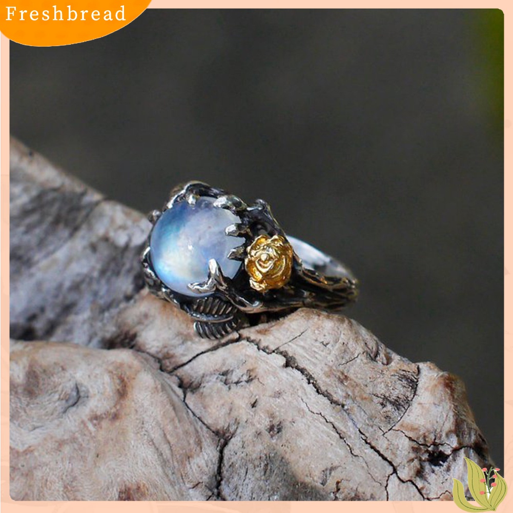 Fresh| Cincin Wanita Desain Bunga Mawardaun Hias Moonstone Imitasi Bentuk Bulat Gaya Vintage Untuk Pesta