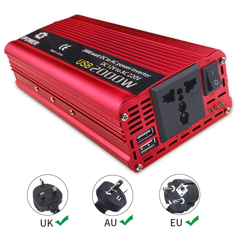 Car Power Inverter DC 12V to AC 220V 2000W with 2 USB Port - DX-GAX2000W - Red