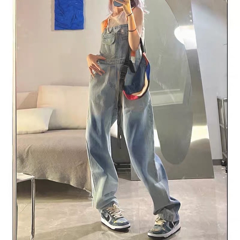 2022 baru denim overall desain rasa wanita niche garam longgar lurus lebar kaki celana panjang ins p