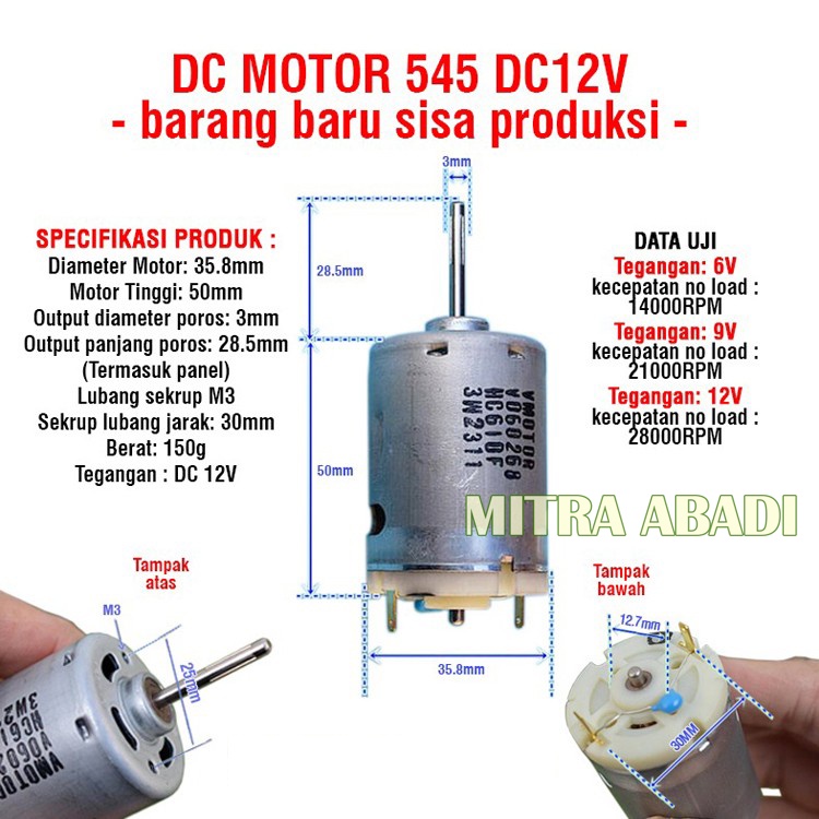 DC Motor Dinamo Fan 545 DC 12V Axis As 3mm As Panjang