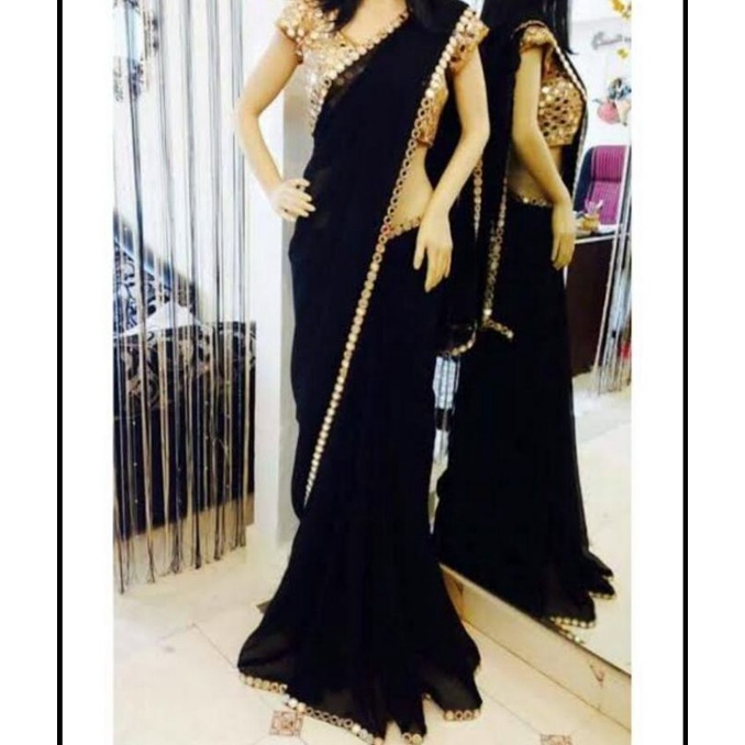 saree India hitam gold/saree India set choli
