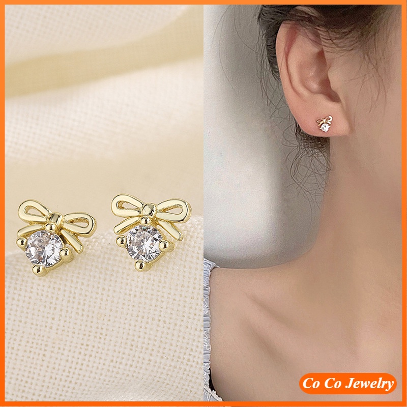 Anting Tusuk Silver S925 Desain Pita Kecil Hias Zircon Gaya Korea Untuk Wanita