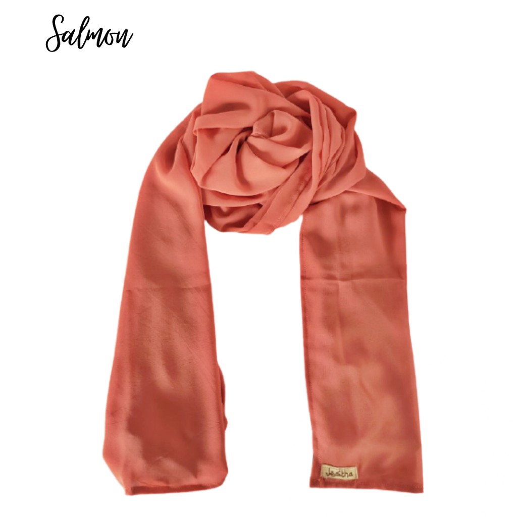 PASHMINA CERUTY PREMIUM 180x75 CM TEPI JAHIT RAPI HIJAB CERUTY PASMINA CERUTTY WARNA PART 1-SALMON