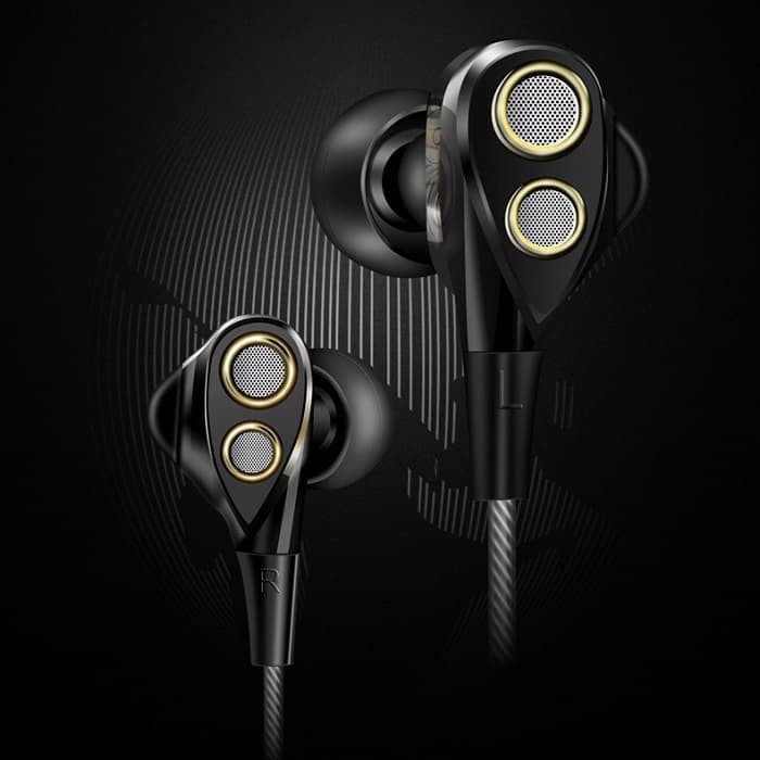 Termurah Dynamic Dual Driver Unit Deep Bass Stage DJ Monitor DIY Sport Earphone - Hitam