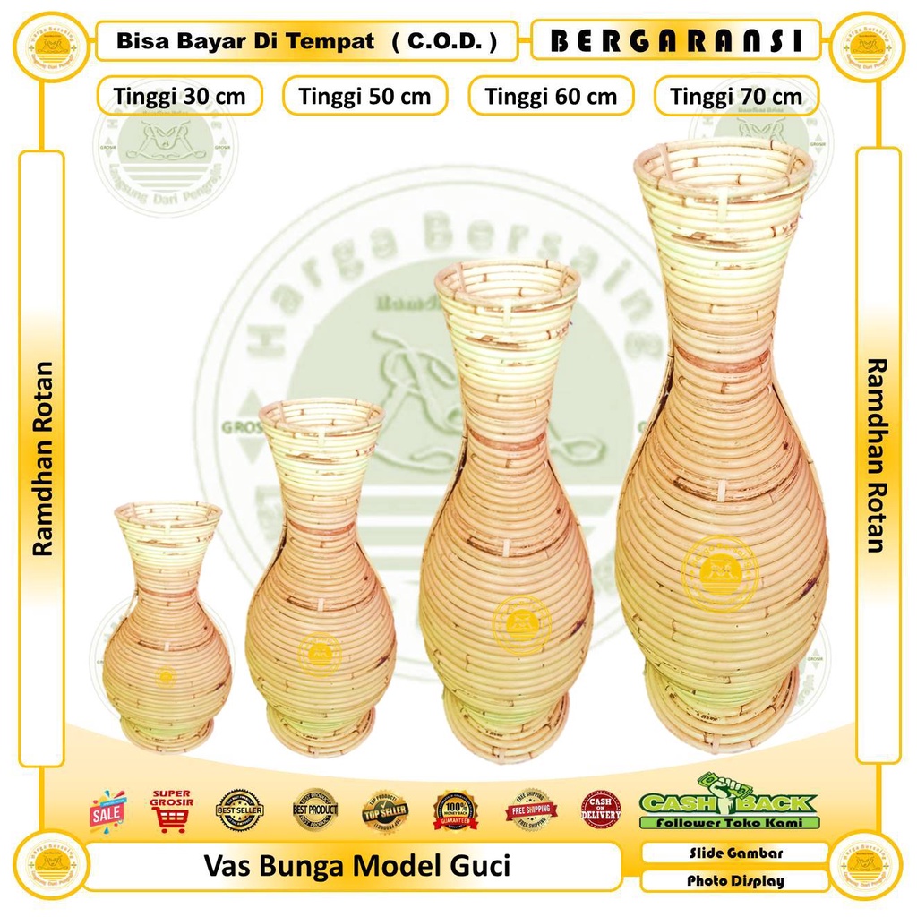 Vas Bunga Bentuk Guci Bahan Rotan / Ramdhan Rotan / Tempat Bunga Hias Model Guci Dari Rotan / Wadah 
