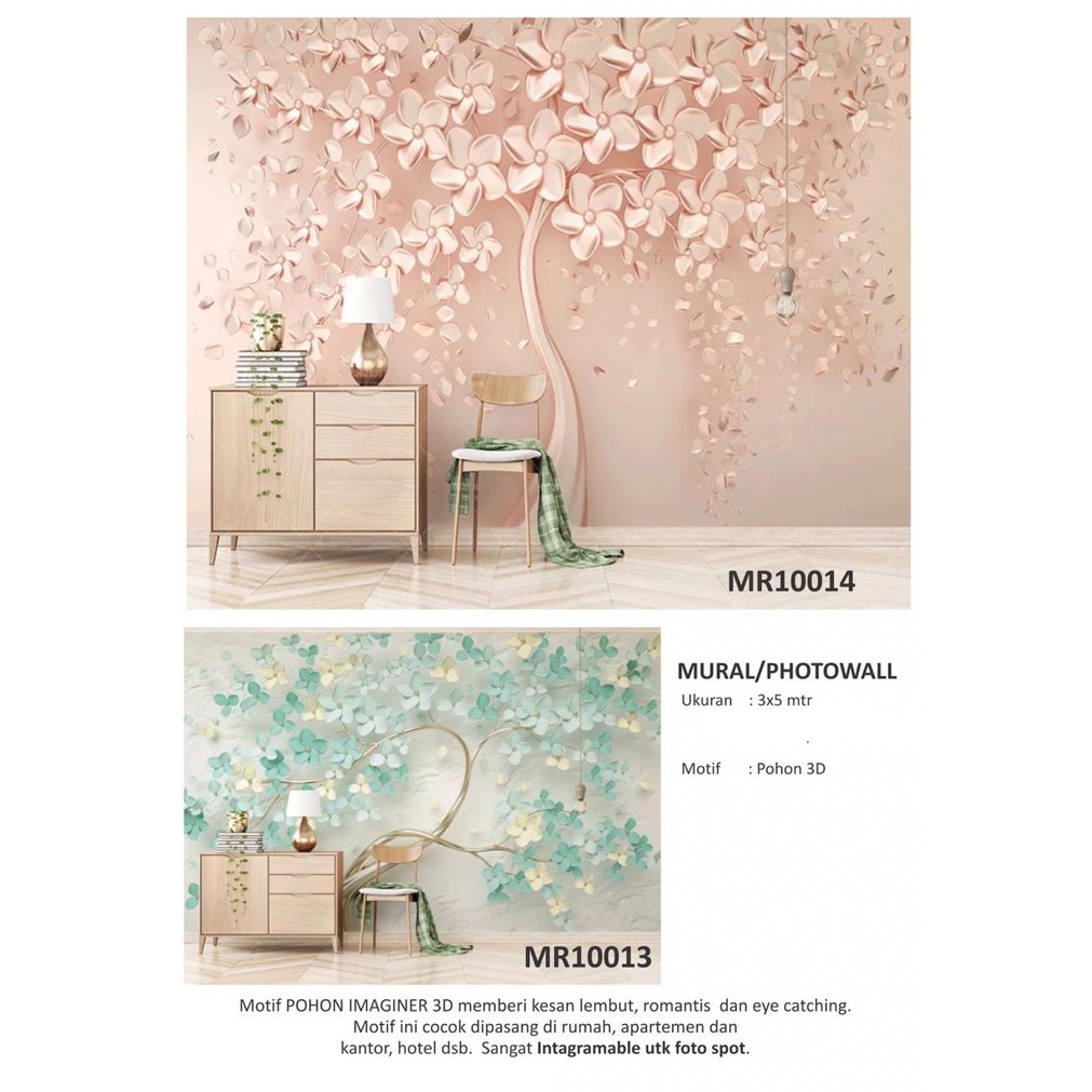 PHOTOWALL MURAL DINDING 3D WALLPAPER MURAL MOTIF BUNGA SAKURA PINK HIJAU