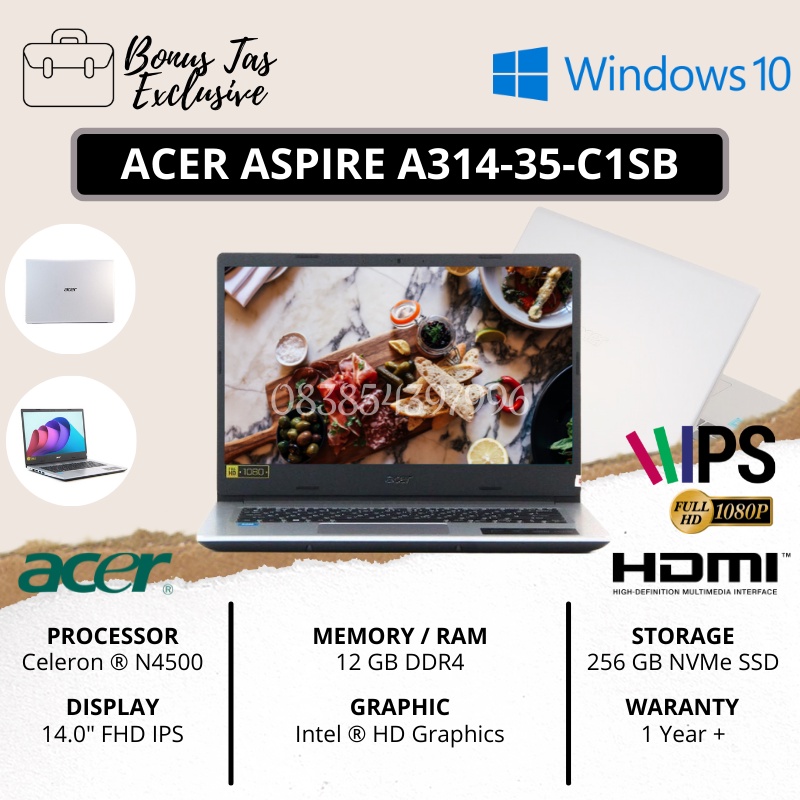 PROMO LAPTOP ACER ASPIRE A314-35-C1SB [INTEL N4500 / 12GB DDR4 RAM / SSD 256GB / 14&quot; FHD IPS / PURE SILVER / FREE TAS &amp; INSTALL WINDOWS 10 + OFFICE] - TEKNO KITA