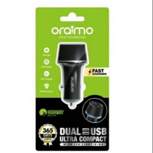 CHARGER CAS MOBIL CAR CHARGER  ORAIMO DUAL USB ULTRA COMPACT OCC-21D OCC21D GARANSI 1tahun 12 - 24 Range Volt Tanpa Kabel