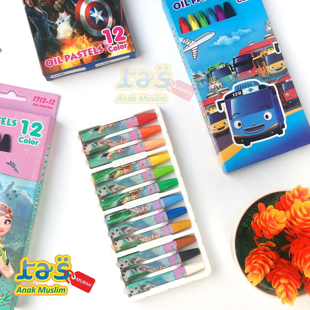 

Crayon krayon oil pastel set karakter avenger frozen LOL Tayo 12 warna