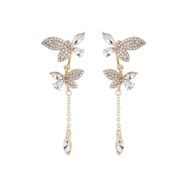 Lrc Anting Tusuk Fashion Golden Butterfly Rhinestone Tassel Alloy Earrings K08248