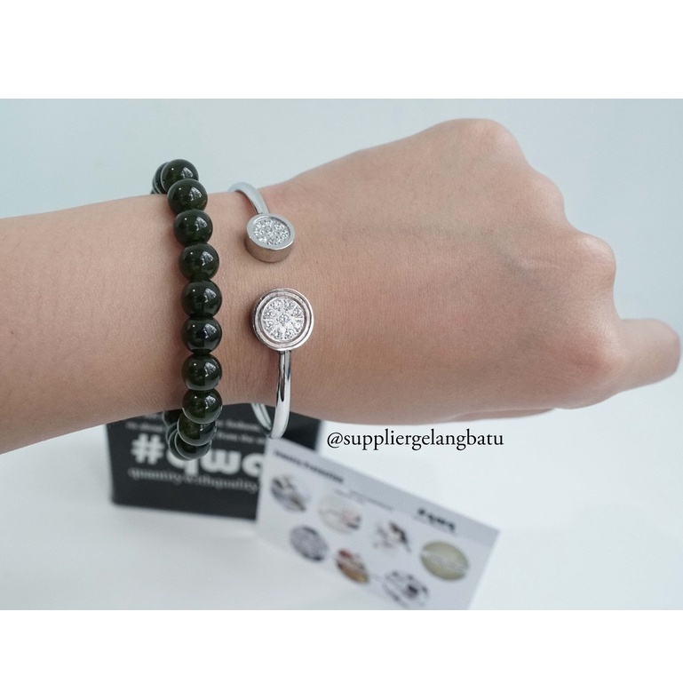 BLACK JADE dan BULAT DUA MATA gelang batu + titanium natural SWAROVSKI