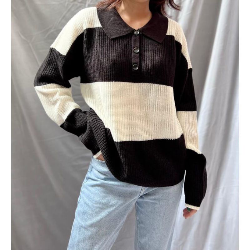 SWEATER RAJUT POLOK KNIT MOTIF TERBARU/SWEATER  BLOUSE RAJUT WANITA KOREAN STYILE