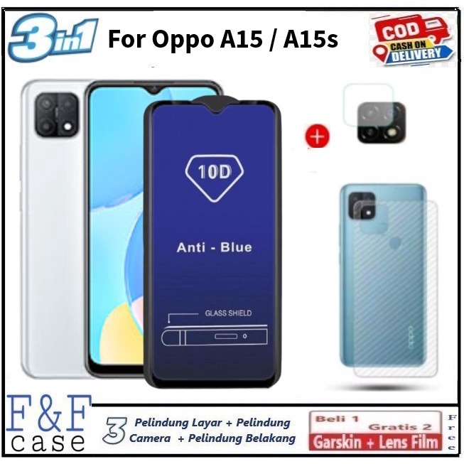Promo Paket 3in1 Tempered Glass Anti Blue Light OPPO A15 A15s Full Cover Anti Radiasi Cahaya Anti Go